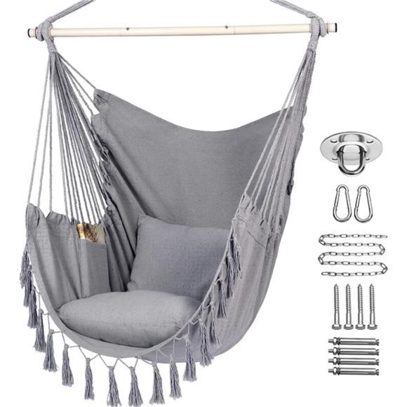 Hammock Swing Chair - Max 500 Lbs - 2 Cushions Included (Light Grey)